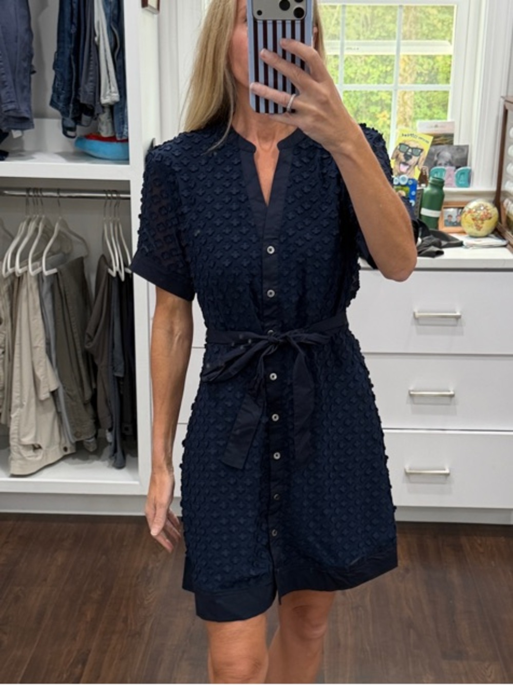 Avara Navy Textured Button-Front Tie-Waist Shirt Dress XS